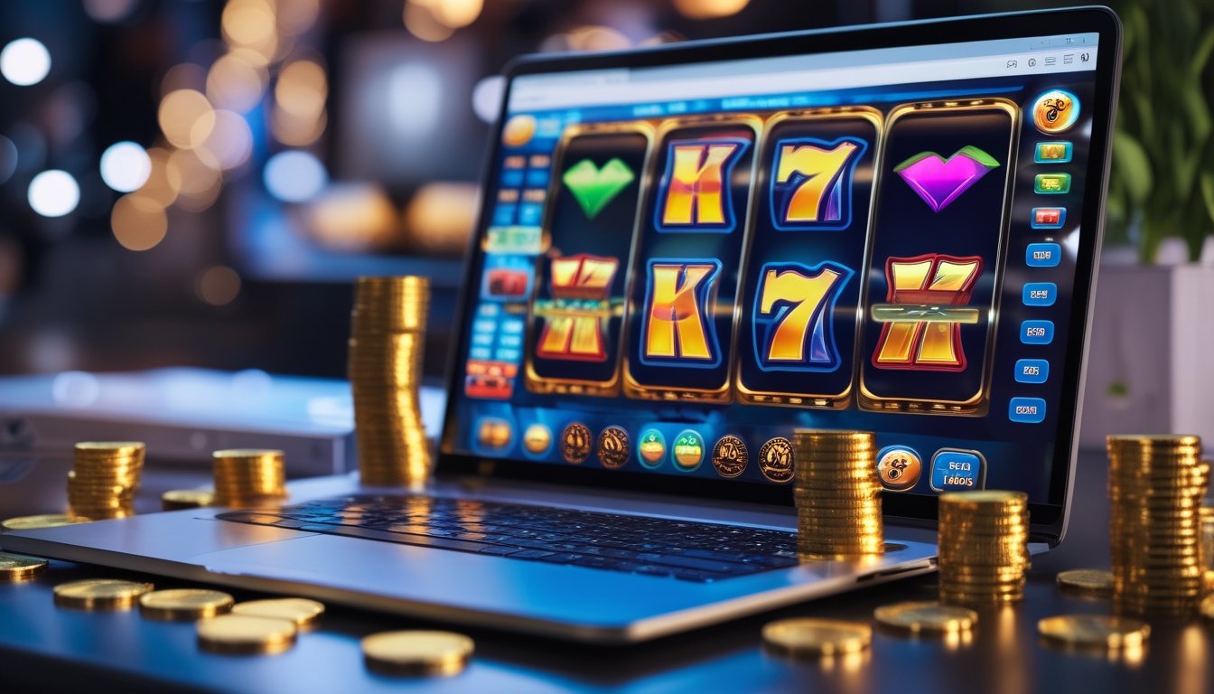 Seorang pengguna duduk di depan laptop dengan permainan slot online yang berwarna-warni, dikelilingi oleh chip kasino dan koin emas di atas meja.