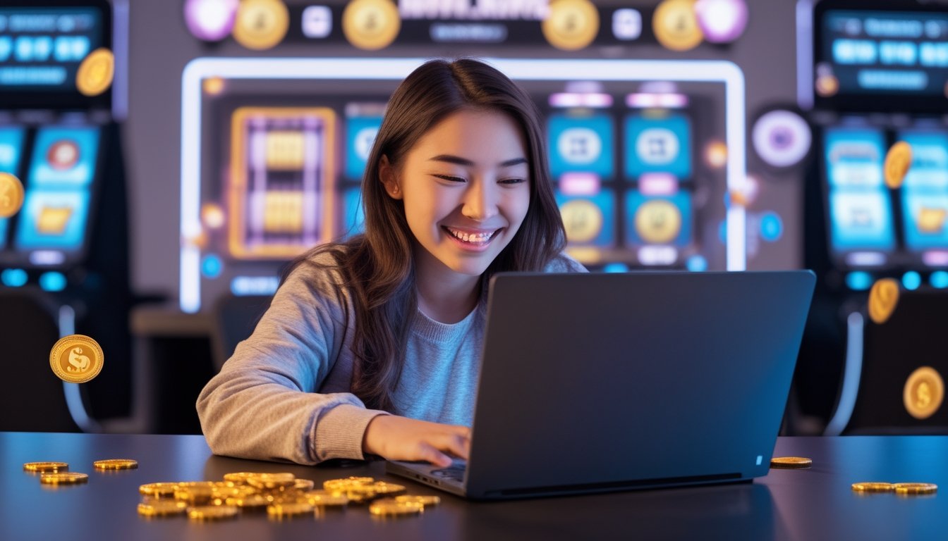 Seorang dewasa muda duduk di depan laptop dengan ekspresi senang dan fokus bermain permainan slot online, dikelilingi oleh simbol kemenangan dan koin.