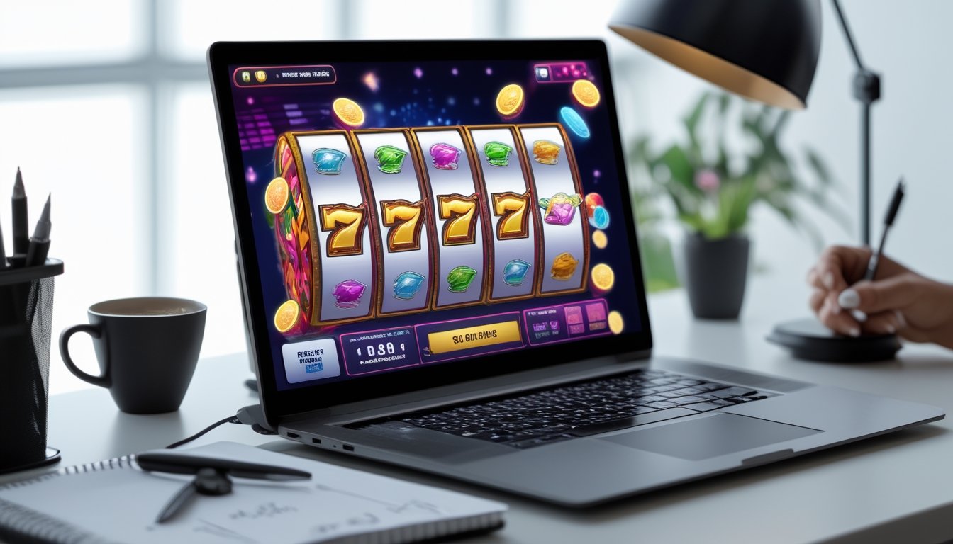 Seorang pemain sedang menggunakan komputer dengan tampilan permainan slot online yang berwarna-warni di meja kerja yang rapi.