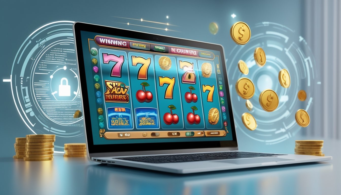 Sebuah komputer menampilkan permainan slot online dengan simbol kemenangan dan elemen yang melambangkan keamanan di sekitarnya.
