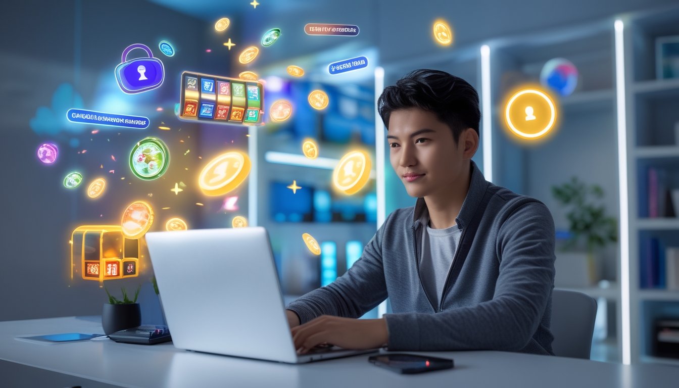 Seseorang duduk di meja dengan laptop, dikelilingi ikon permainan slot online dan simbol bonus, menunjukkan pengalaman bermain slot online yang aman dan terpercaya.