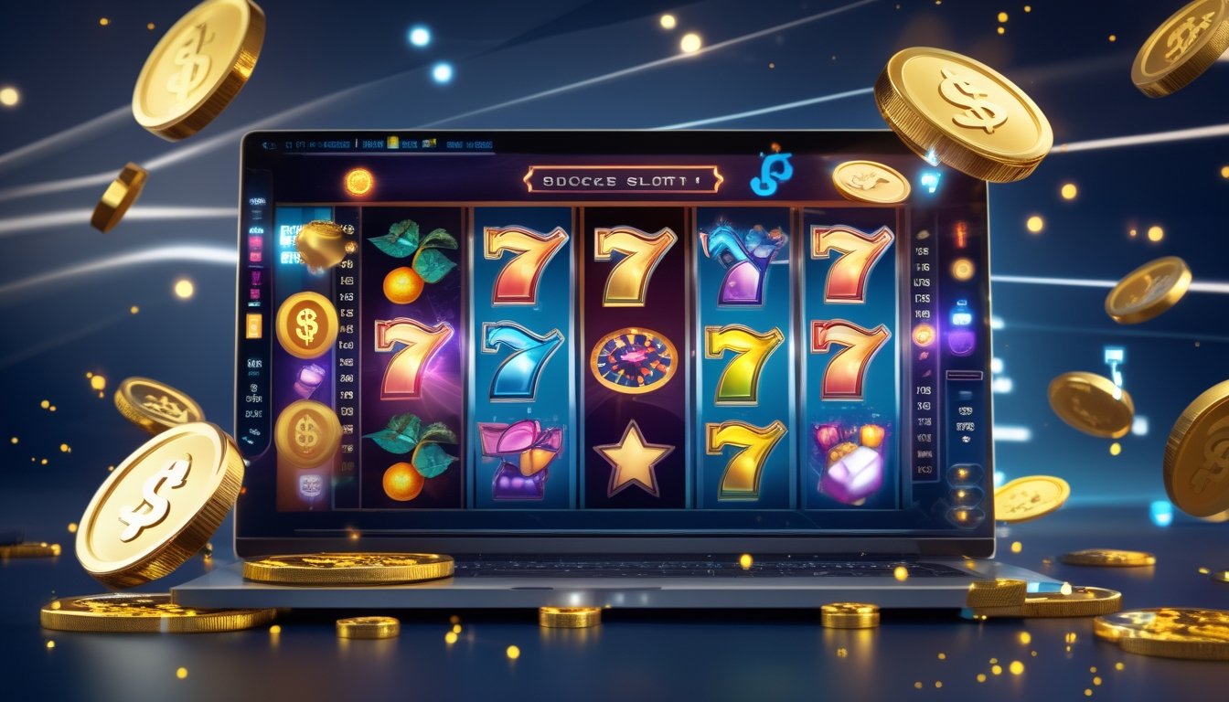 Seorang pemain sedang bermain mesin slot online di komputer dengan koin emas dan simbol jackpot di layar.