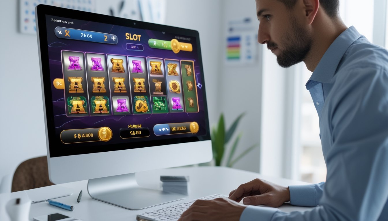 Seorang dewasa menggunakan komputer dengan layar menampilkan permainan slot online berwarna-warni di ruang kerja yang terang dan rapi.