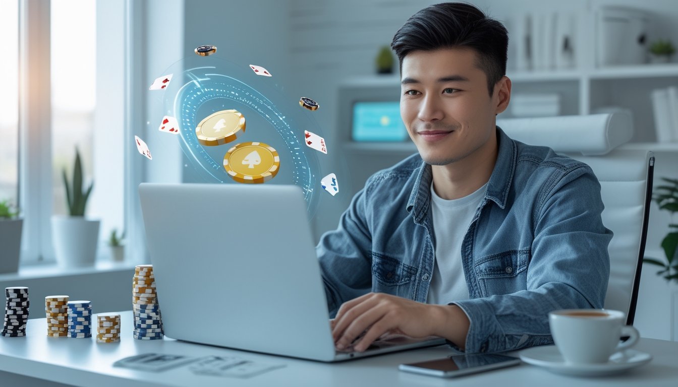 Seorang pria muda duduk di meja dengan laptop dan elemen permainan judi online seperti kartu dan chip di sekitarnya.