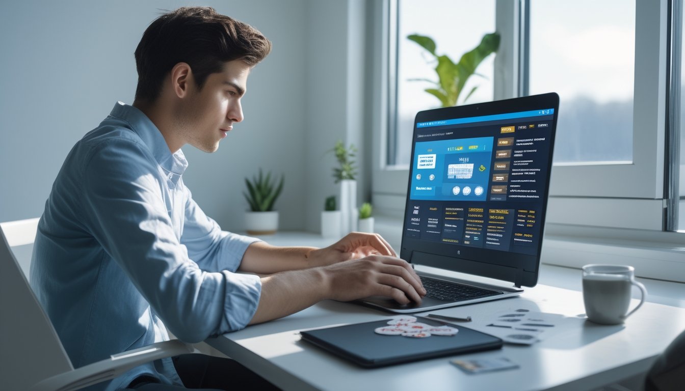 Seorang dewasa muda duduk di meja dengan laptop, fokus bermain judi online di ruang kerja yang terang dan rapi.