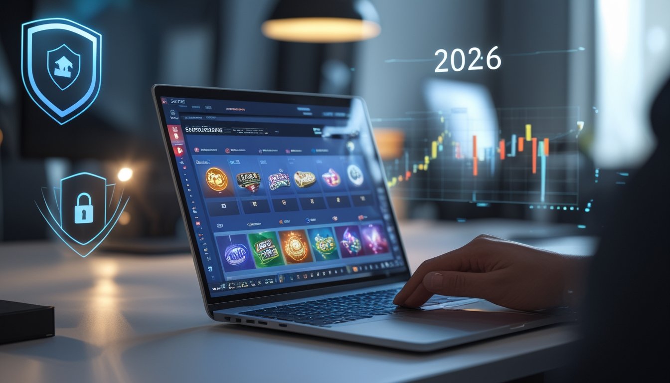 Meja kerja modern dengan laptop yang menampilkan antarmuka permainan online, dikelilingi simbol keamanan dan grafik digital dalam kantor kontemporer.
