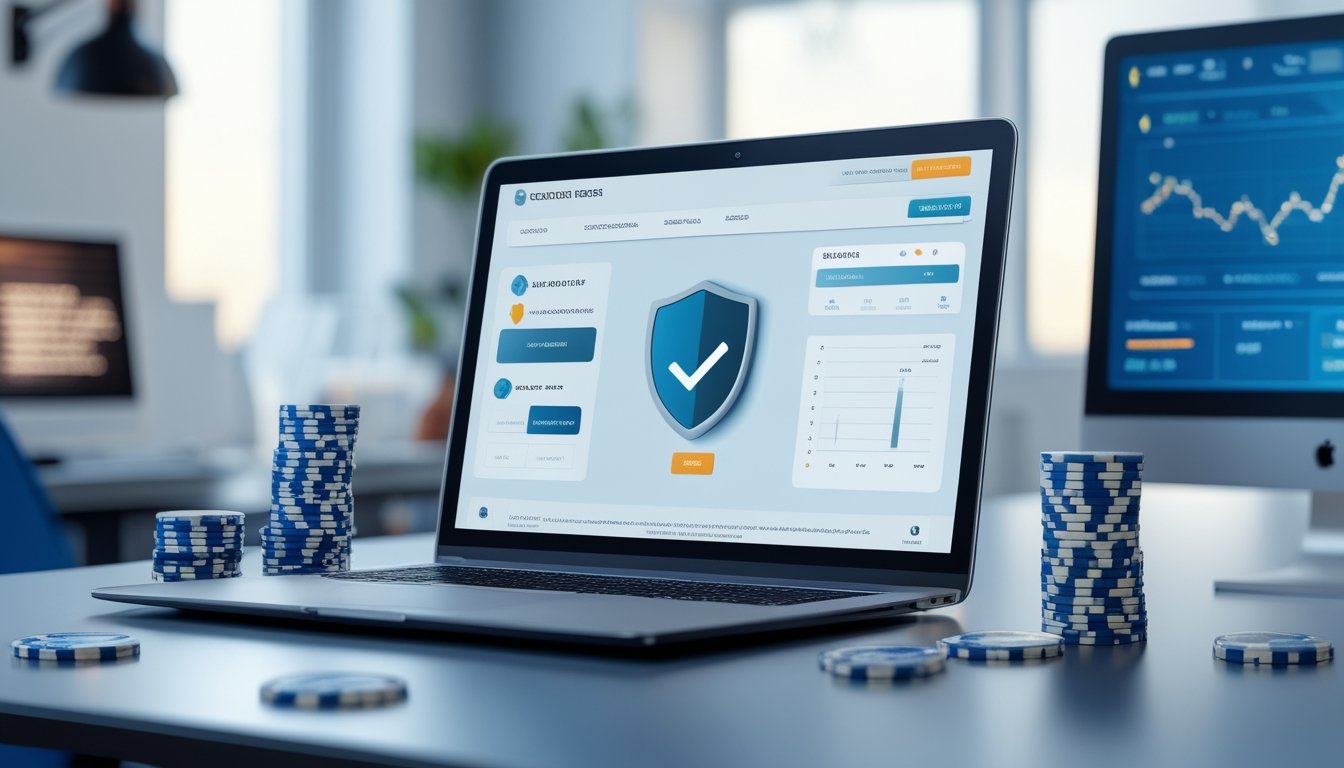 Sebuah laptop di atas meja menampilkan antarmuka situs judi online yang bersih dan aman, dikelilingi oleh kartu bermain transparan, chip poker, dan koin digital di ruang kantor yang terang dan modern.