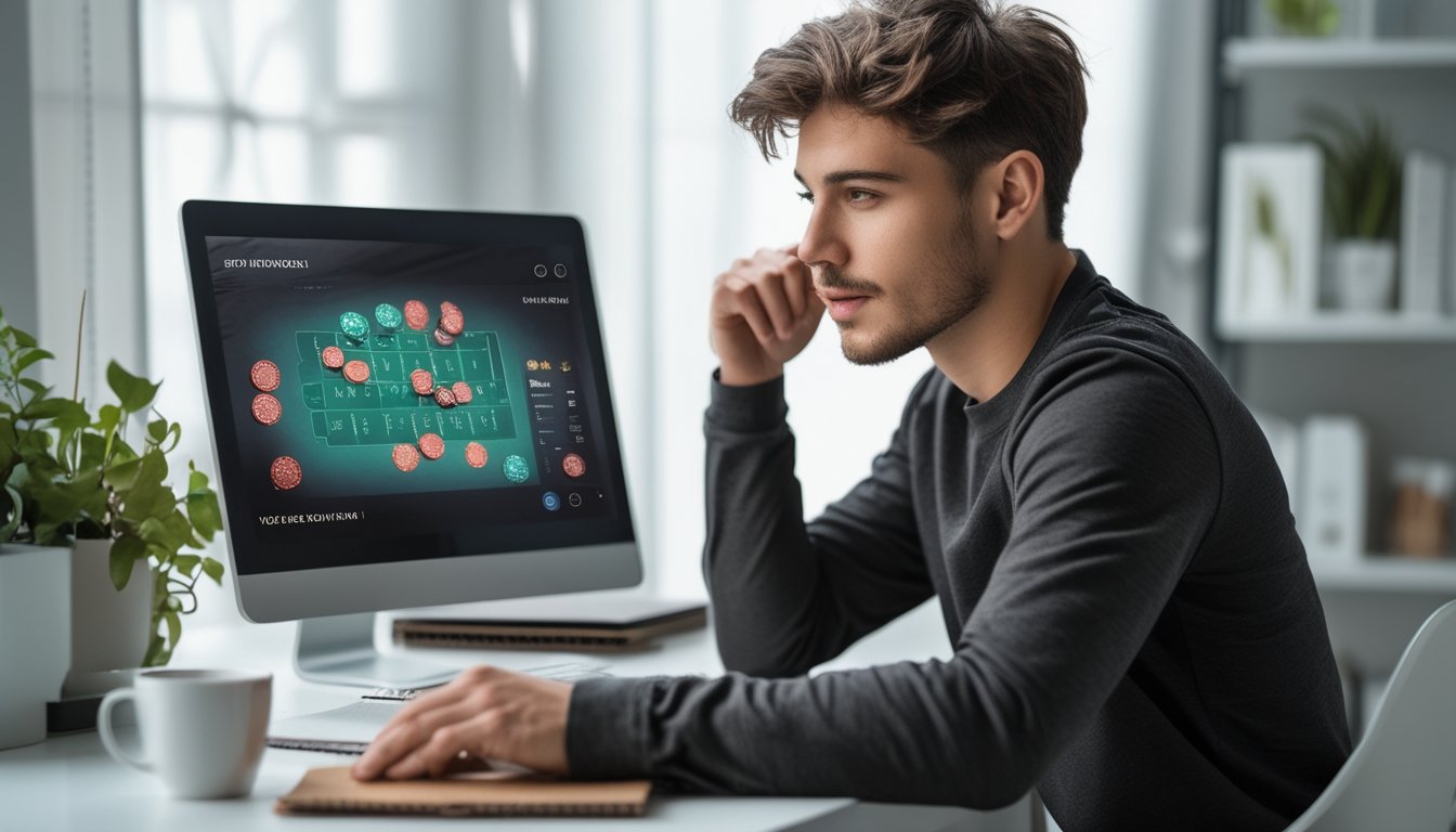 Seorang dewasa muda duduk di meja dengan laptop, fokus melihat layar permainan judi online, di meja terdapat catatan dan pena.