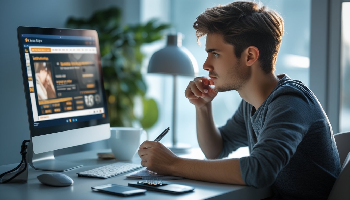 Seorang dewasa muda duduk di meja dengan laptop terbuka, mempelajari strategi judi online dengan suasana tenang dan teratur.