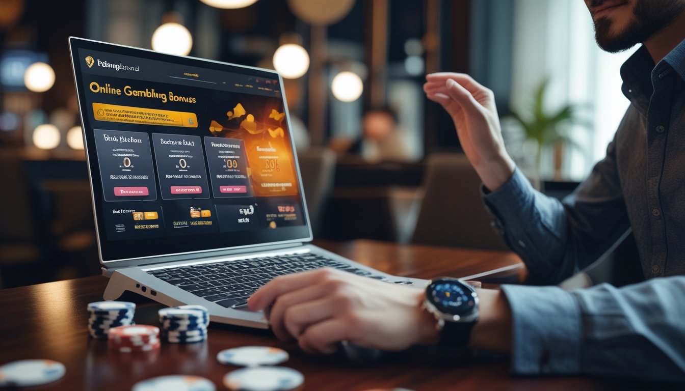 Seorang pria menggunakan laptop di meja dengan chip poker dan kartu remi, menunjukkan suasana perjudian online yang menguntungkan.