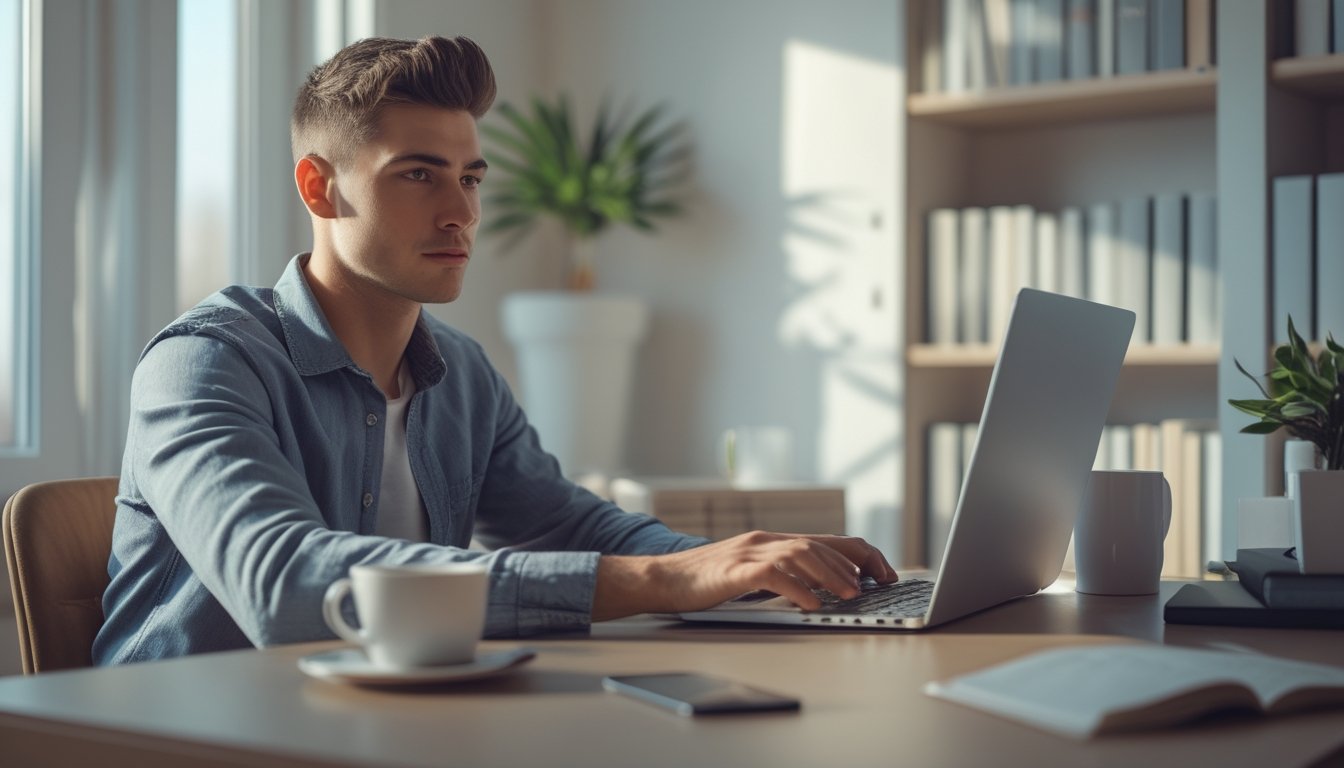 Seorang pria muda duduk di meja modern menggunakan laptop dengan ekspresi fokus di ruang kerja rumah yang rapi dan terang.