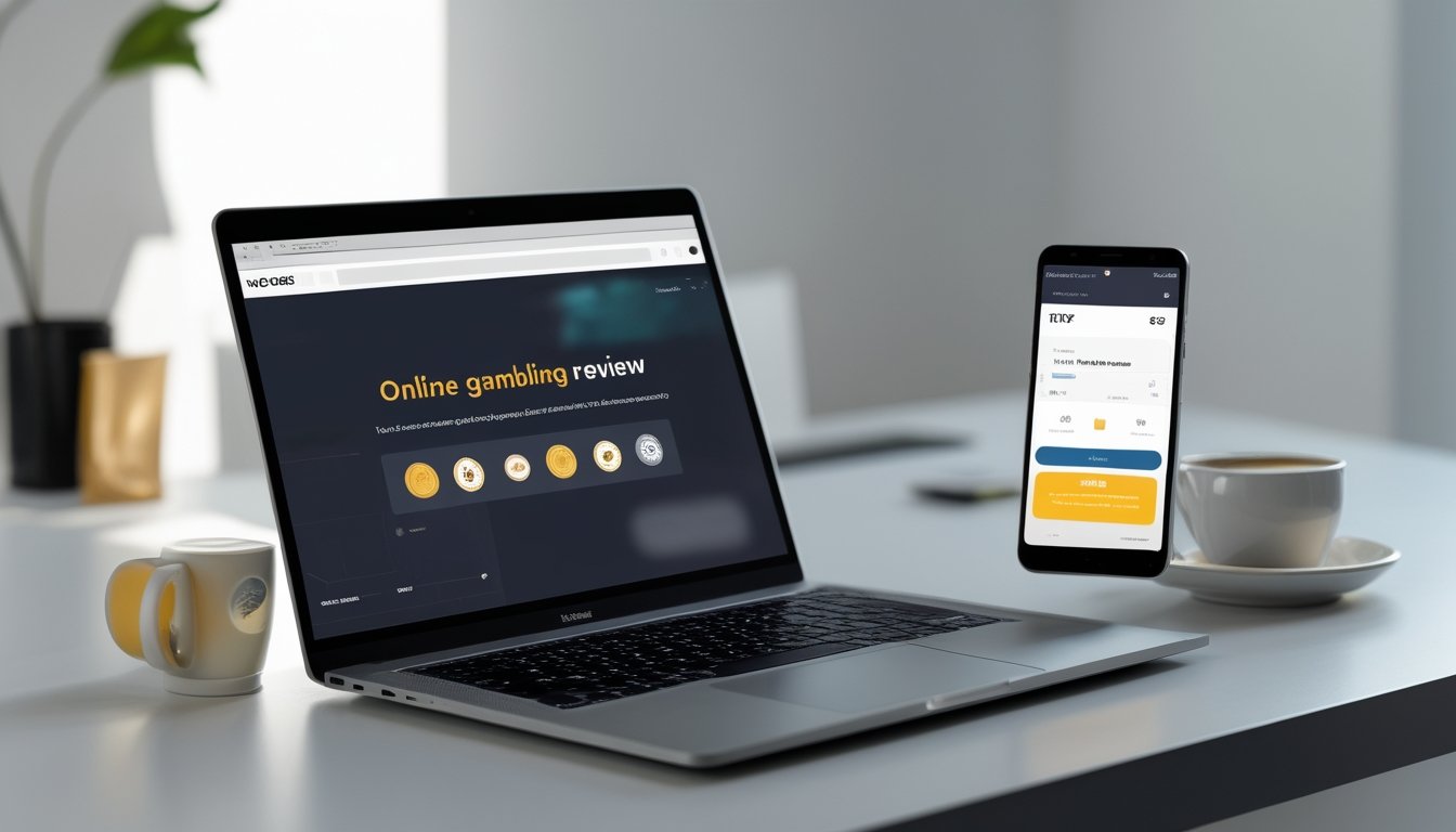 Seorang profesional sedang menggunakan laptop dan ponsel di meja kerja yang rapi, dengan layar menampilkan aktivitas terkait judi online dan pembayaran cepat.