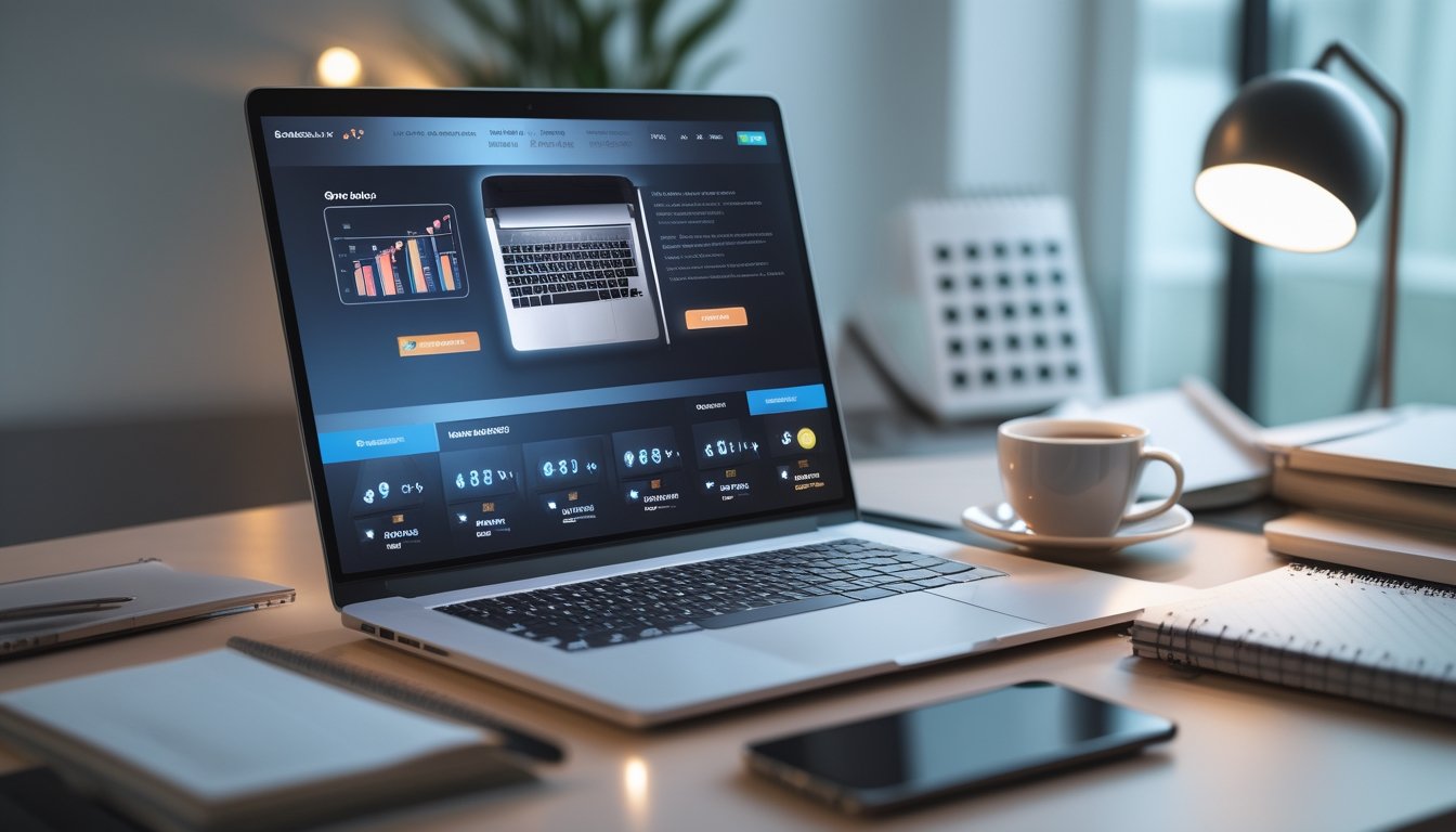Sebuah meja kerja modern dengan laptop, ponsel, dan cangkir kopi, menampilkan suasana profesional dan terpercaya terkait ulasan situs judi online.