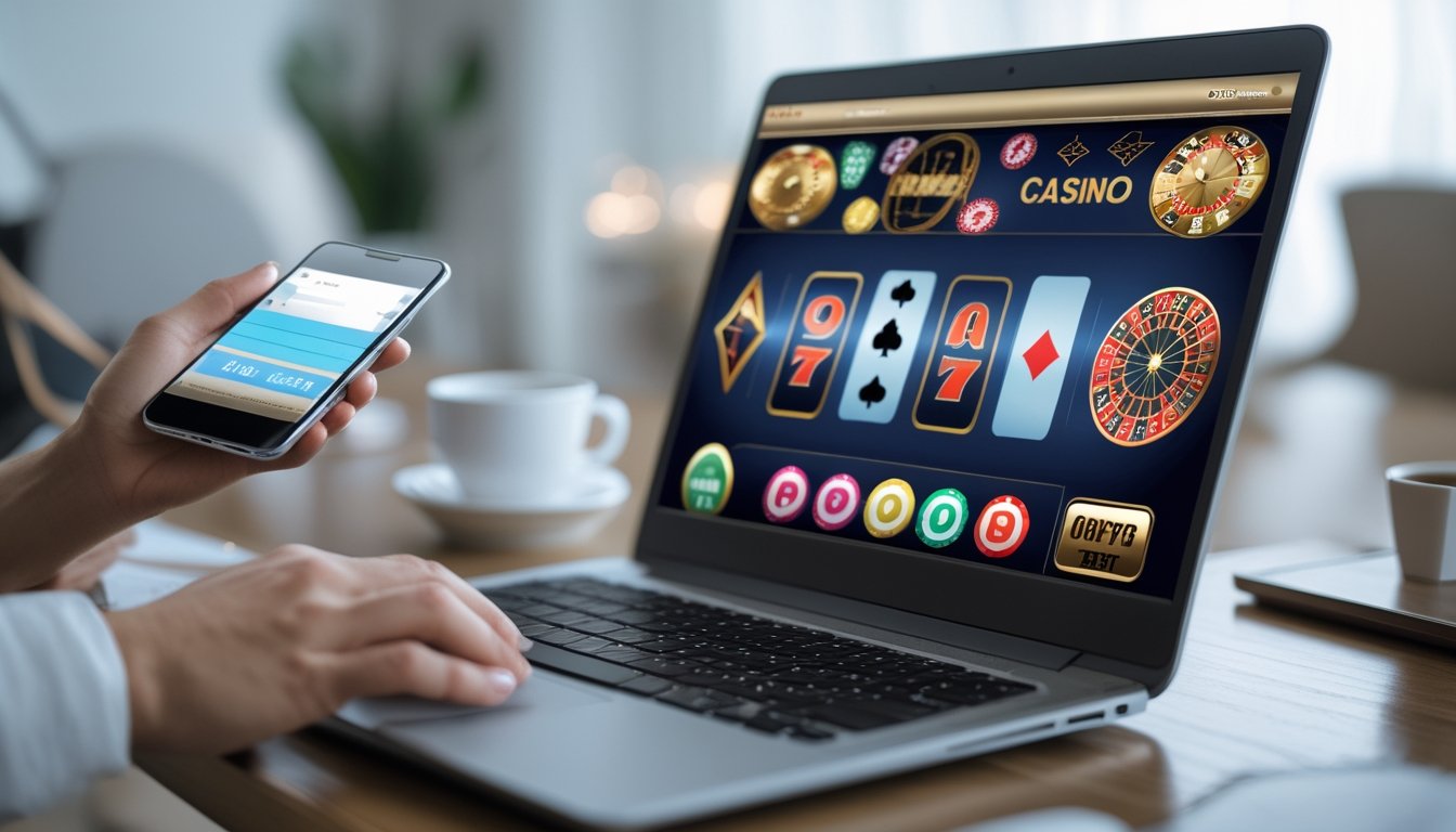 Seorang pengguna duduk di meja dengan laptop yang menampilkan permainan judi online, menggunakan ponsel untuk memasang taruhan dalam suasana yang nyaman dan tenang.