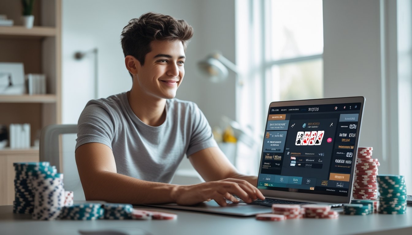 Seorang dewasa muda duduk di meja modern menggunakan laptop dengan chip poker dan kartu remi di sekitarnya, tampak fokus dan puas.