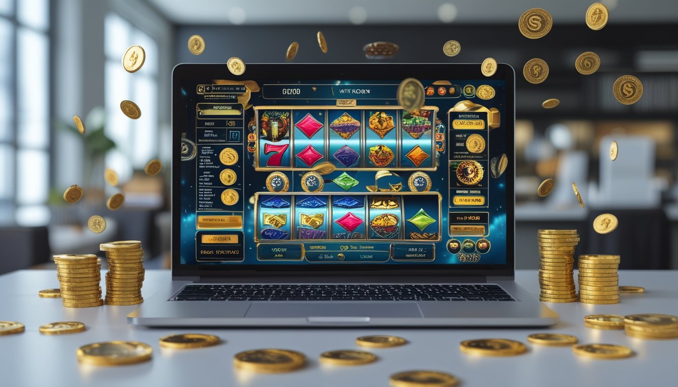 Seorang pengguna duduk di depan laptop dengan tampilan permainan judi online, dikelilingi oleh koin emas dan chip poker di meja kerja yang rapi.
