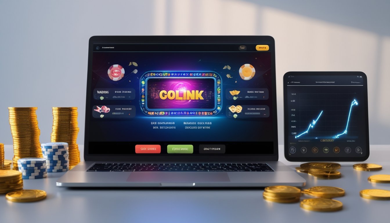 Meja kerja modern dengan laptop yang menampilkan situs judi online, dikelilingi chip kasino, koin emas, dan grafik naik pada layar tablet.