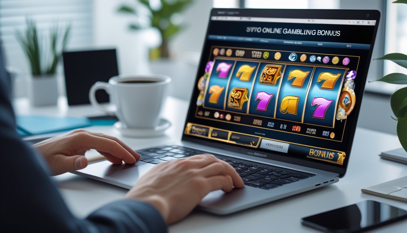 Seseorang menggunakan laptop di meja kerja dengan tampilan permainan kasino online di layar.