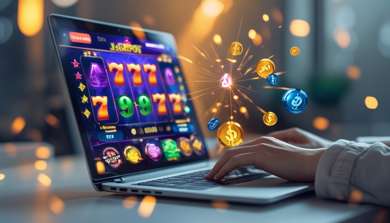 Seseorang menggunakan laptop yang menampilkan permainan slot online dengan simbol berwarna cerah dan efek koin berkilauan di sekitar layar.