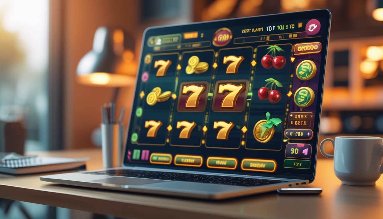 Seorang pengguna komputer melihat layar permainan slot online dengan simbol berwarna cerah dan koin emas, di atas meja terdapat alat tulis dan secangkir kopi.