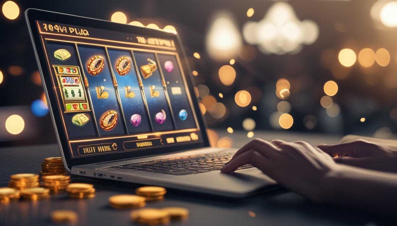 Sebuah komputer menampilkan permainan mesin slot online dengan simbol warna-warni dan koin yang mengambang di sekitarnya.