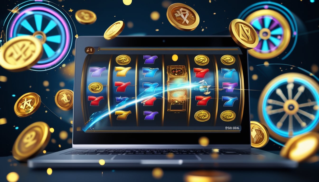 Layar komputer menampilkan permainan slot online dengan simbol berwarna cerah dan koin emas berputar, menggambarkan tema putaran gratis yang melimpah.