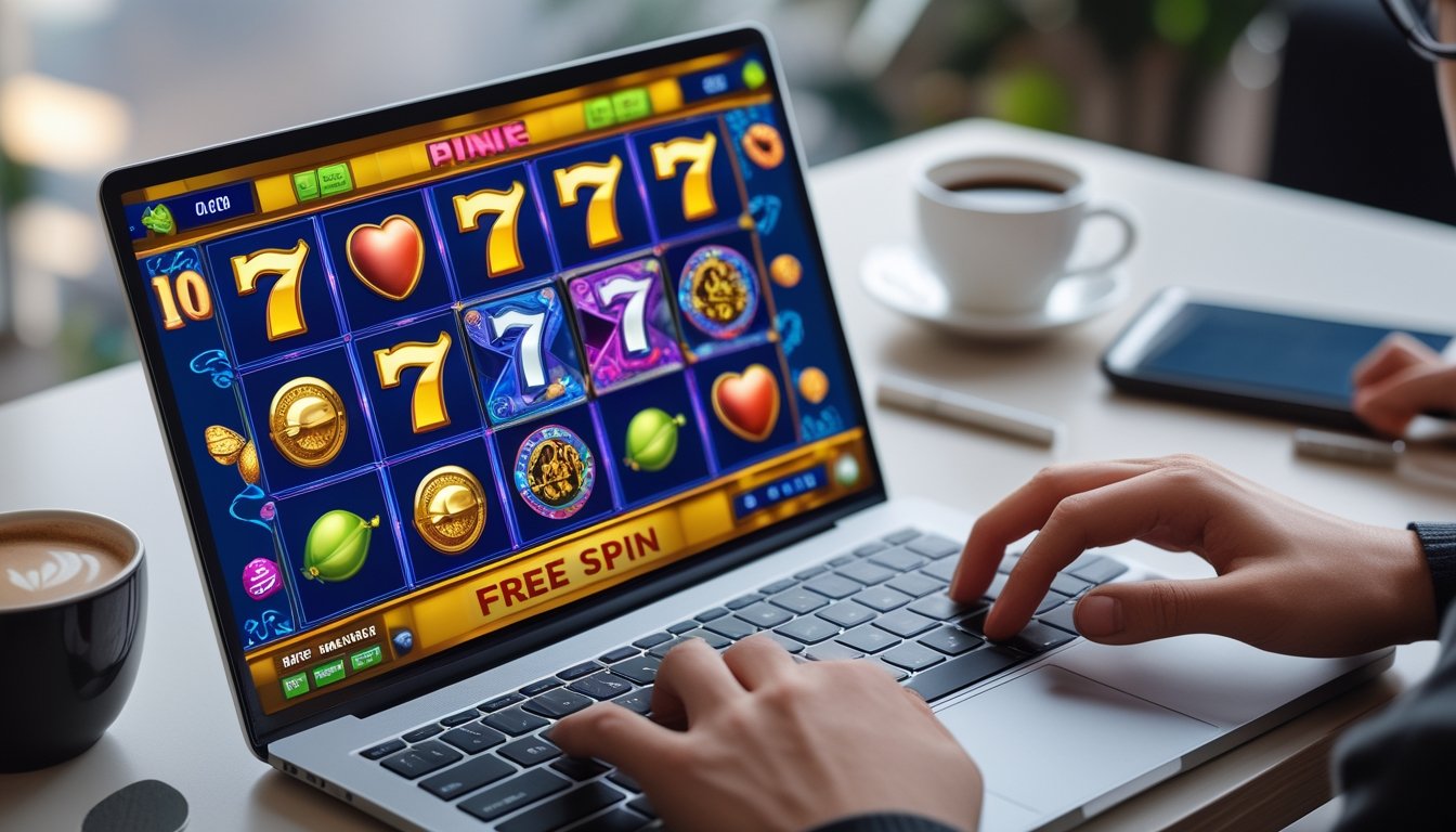 Seseorang sedang bermain permainan slot online di komputer dengan layar menampilkan gulungan slot yang berputar.