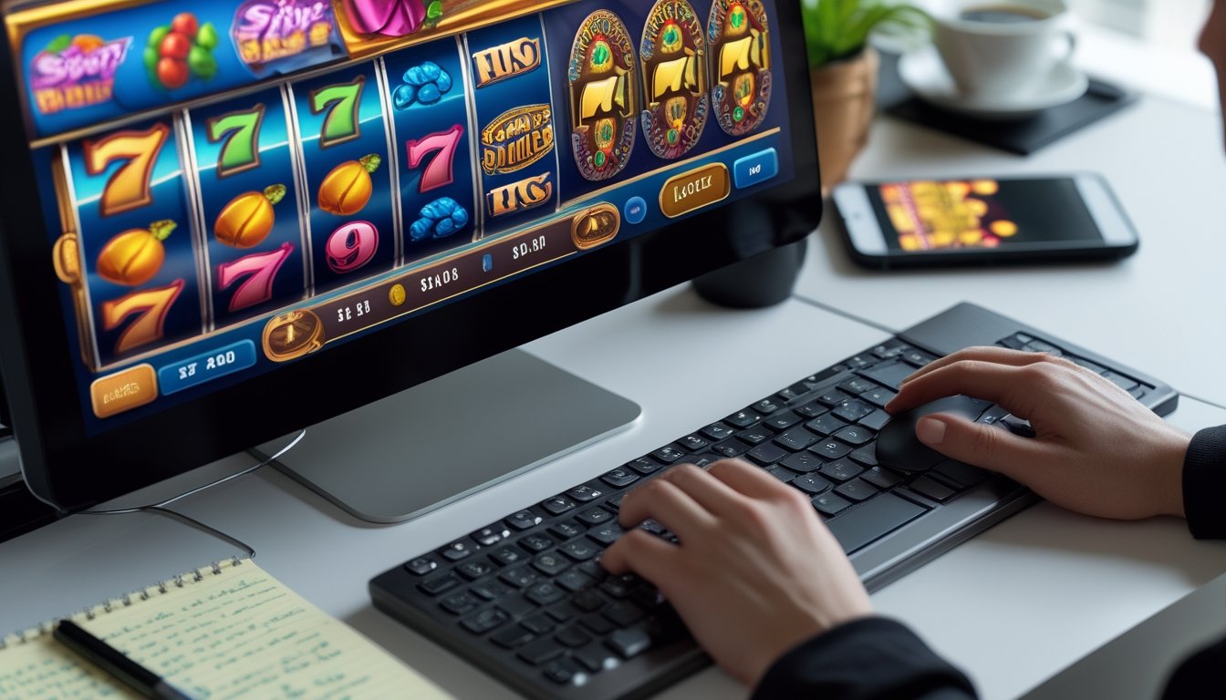 Seorang pemain menggunakan komputer dengan layar menampilkan permainan slot online yang berwarna-warni, di meja terdapat catatan dan ponsel yang menunjukkan notifikasi bonus.