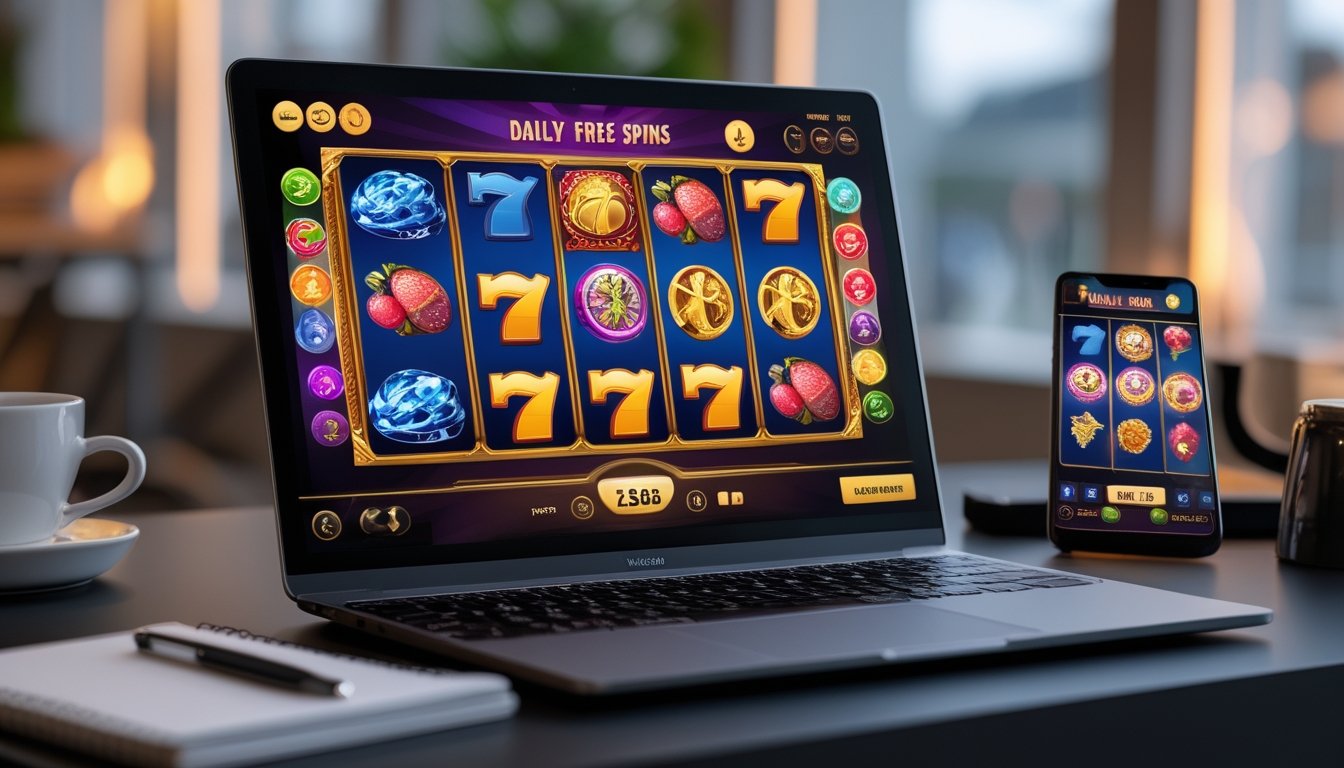 Seorang pemula bermain permainan slot online di laptop dan ponsel di meja dengan suasana nyaman di rumah.