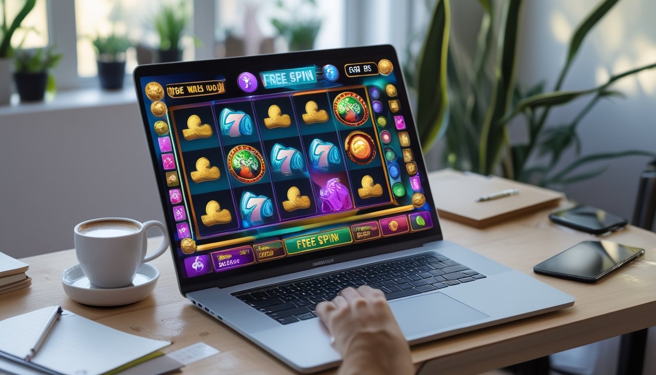 Seorang pemula bermain permainan slot online di laptop di meja kerja dengan kopi dan tanaman di sekitar.
