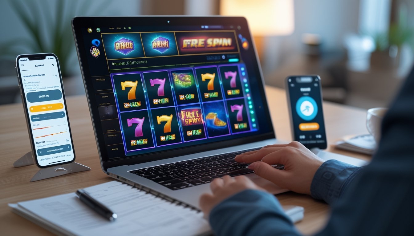 Seseorang sedang menggunakan laptop dan mencatat strategi dengan smartphone di meja kerja yang rapi.