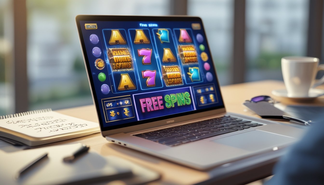 Seorang pemain menggunakan komputer dengan layar menampilkan mesin slot online berwarna-warni, di meja terdapat catatan dan kopi.