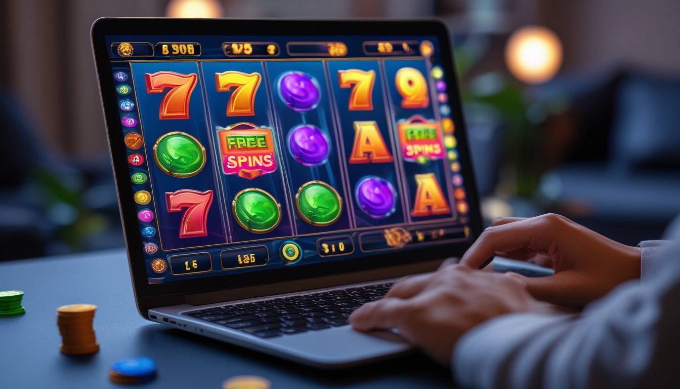 Tangan seseorang menggunakan laptop dengan permainan slot online yang berwarna-warni di layar dalam ruangan yang nyaman dan terang.