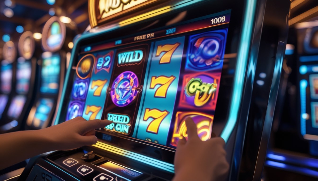 Tangan menekan tombol spin di mesin slot digital dengan gulungan berwarna-warni yang sedang berputar di latar kasino modern.