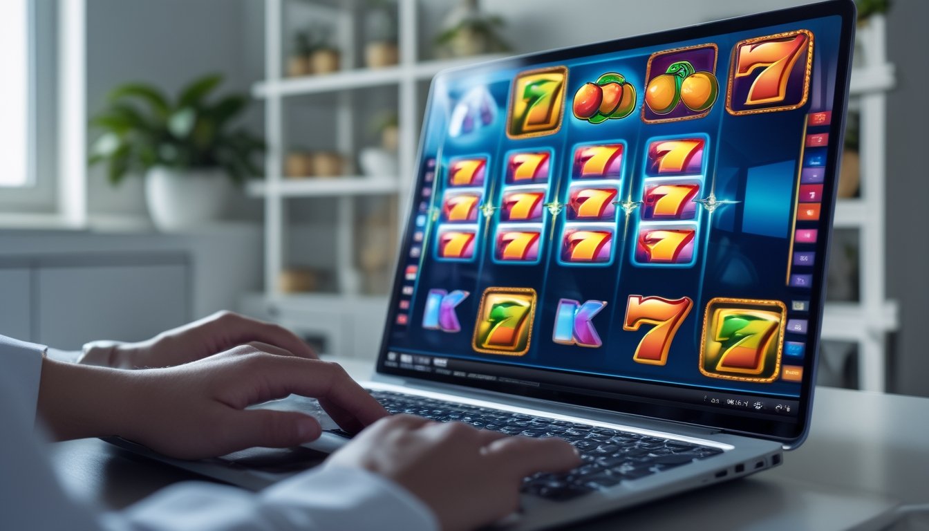 Seseorang sedang bermain mesin slot online di depan komputer di ruangan yang terang dan rapi.