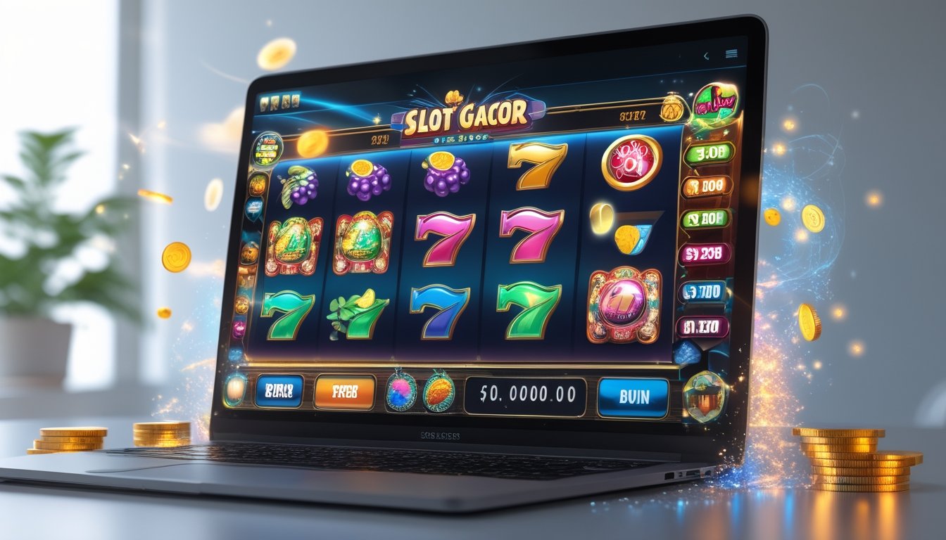 Seorang pengguna bermain mesin slot online di komputer dengan layar menampilkan gulungan warna-warni dan koin digital yang berkilauan di sekitarnya.