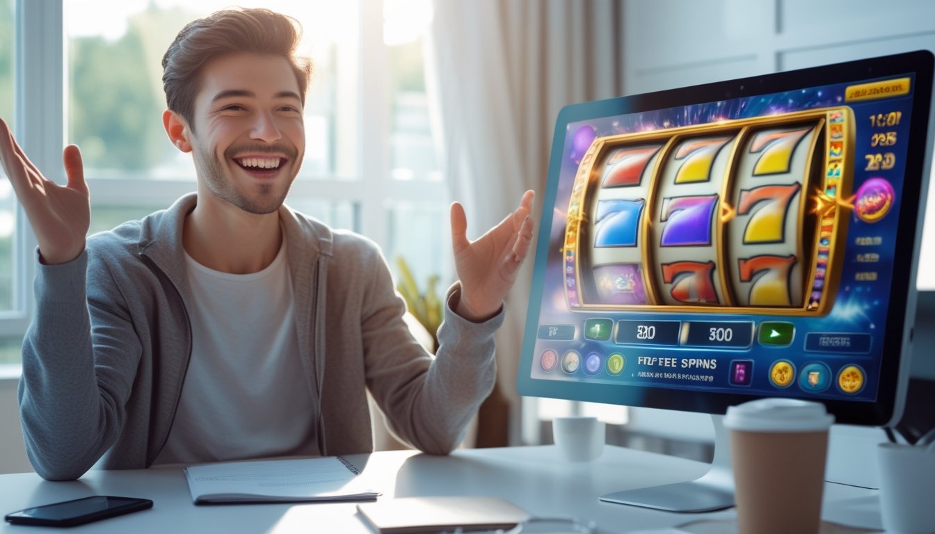 Seorang dewasa muda yang tersenyum senang sambil duduk di depan laptop yang menampilkan permainan mesin slot online dengan simbol warna-warni dan suasana ruangan terang di kantor rumah.