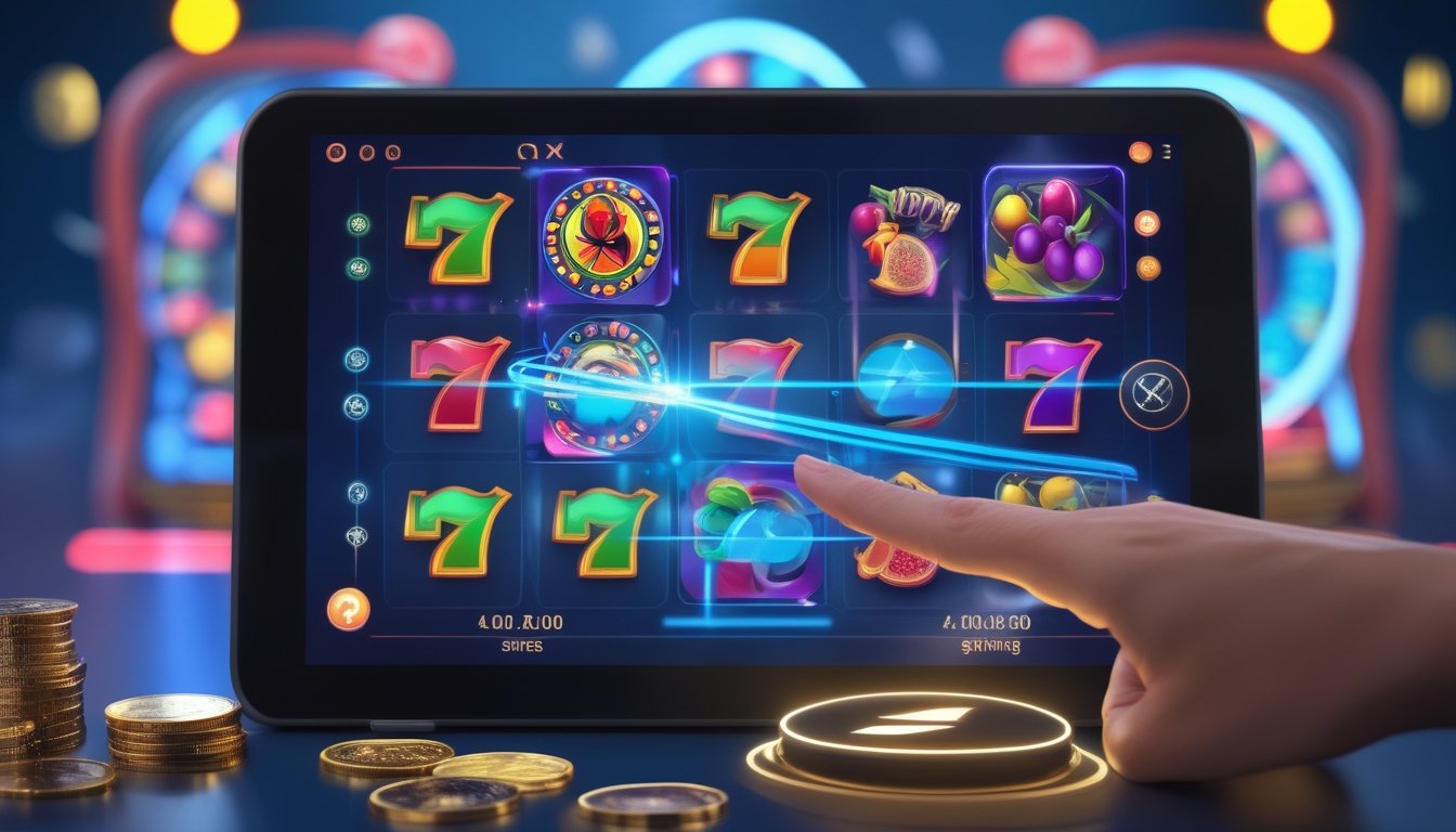 Tangan seseorang menekan tombol spin pada layar mesin slot digital dengan gulungan berwarna-warni yang berputar, latar belakang kabur dengan chip dan koin kasino.