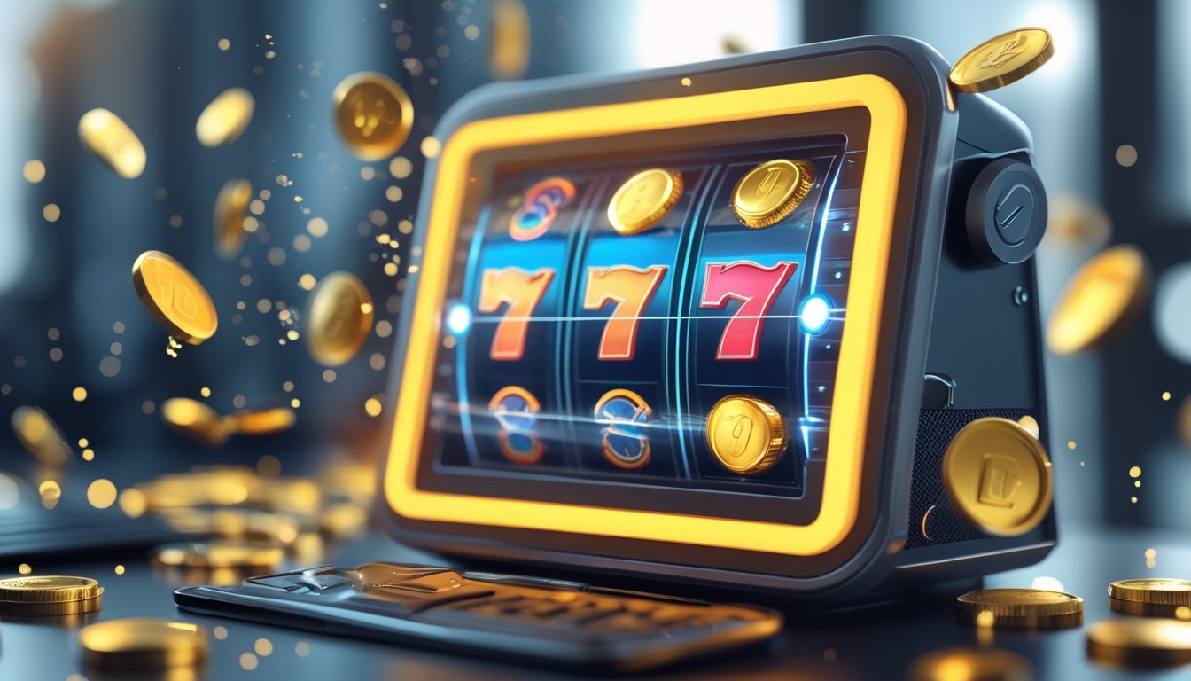 Layar perangkat menampilkan mesin slot online dengan simbol kemenangan dan koin emas yang mengambang di sekitarnya.