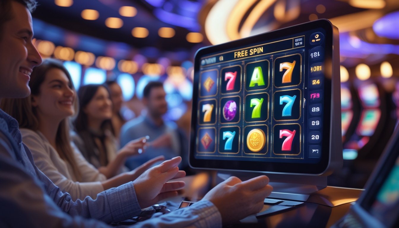 Orang-orang sedang bermain permainan slot online dengan mesin slot digital yang menampilkan gulungan berputar dan koin emas.