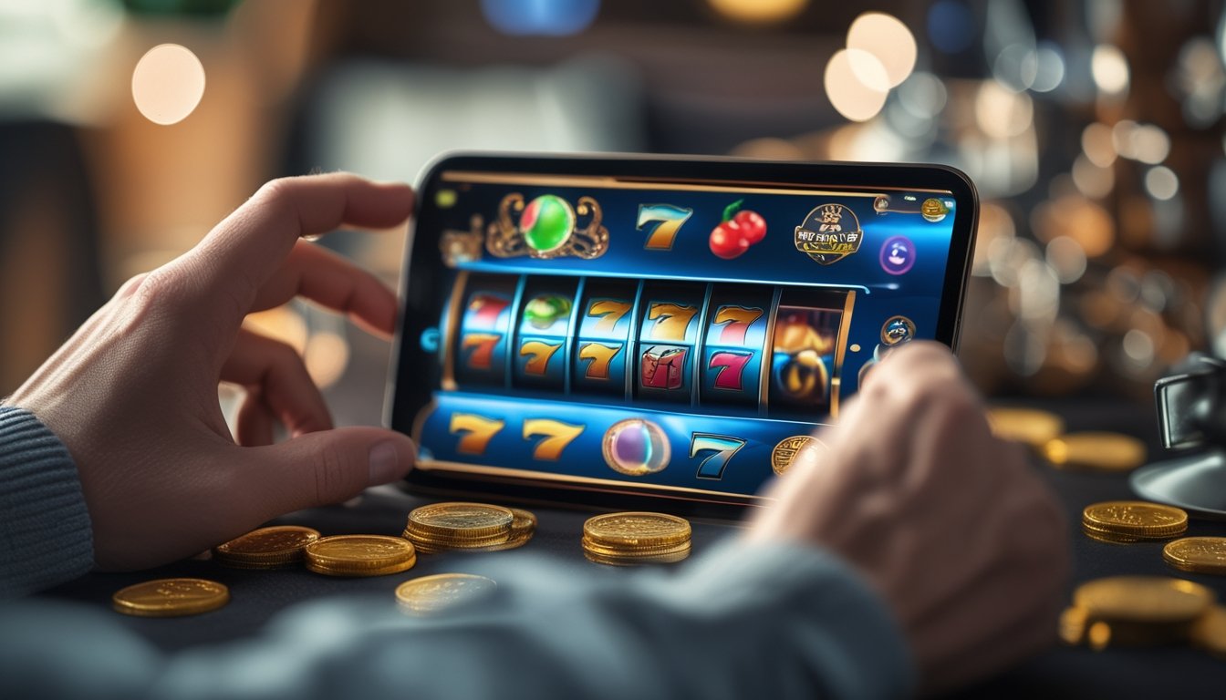 Seseorang menggunakan ponsel untuk bermain permainan slot online dengan latar belakang ruangan yang nyaman.