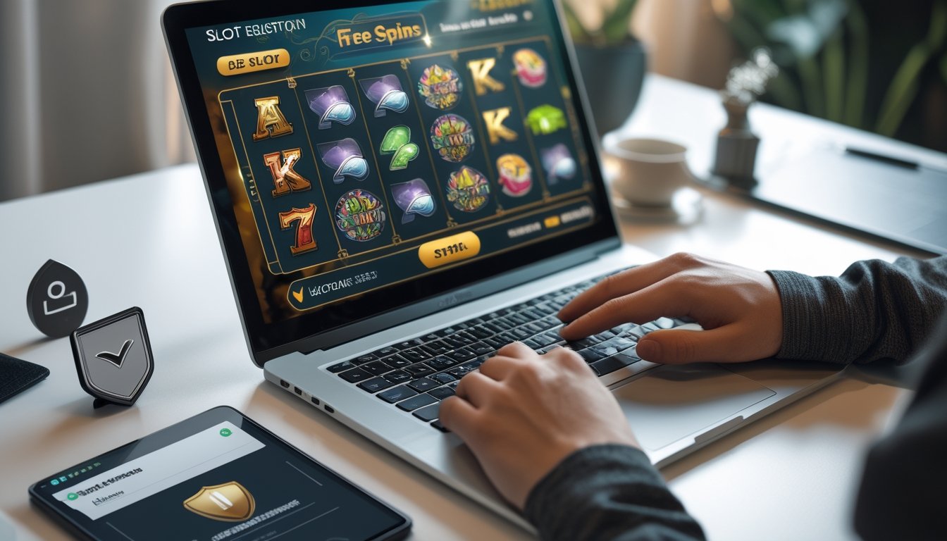 Meja kerja dengan laptop yang menampilkan permainan slot online dan tangan seseorang sedang menggunakan laptop untuk mendaftar akun slot.