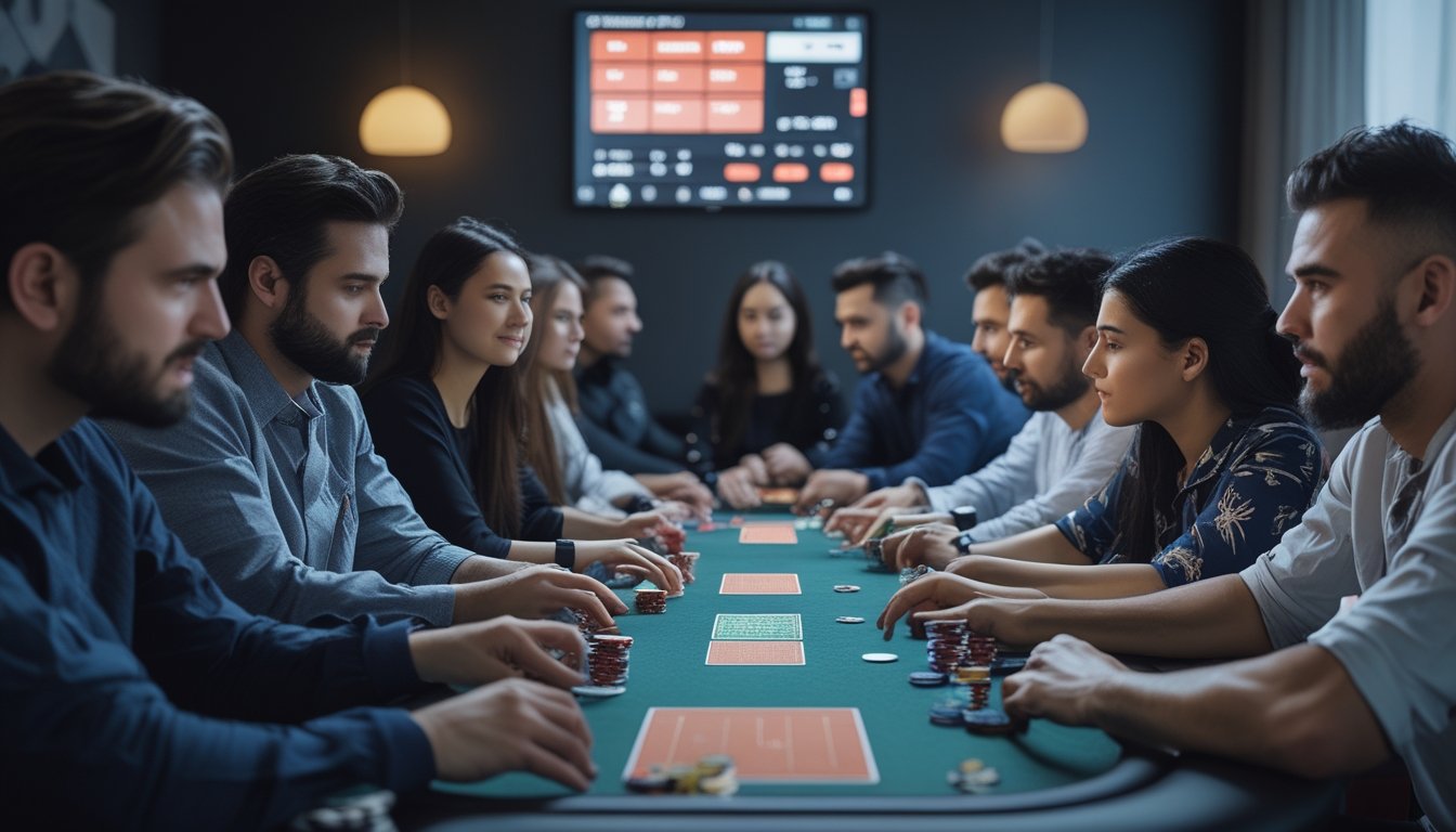 Beberapa pemain poker online fokus bermain di meja dengan kartu dan chip, menggunakan perangkat digital untuk bermain poker.