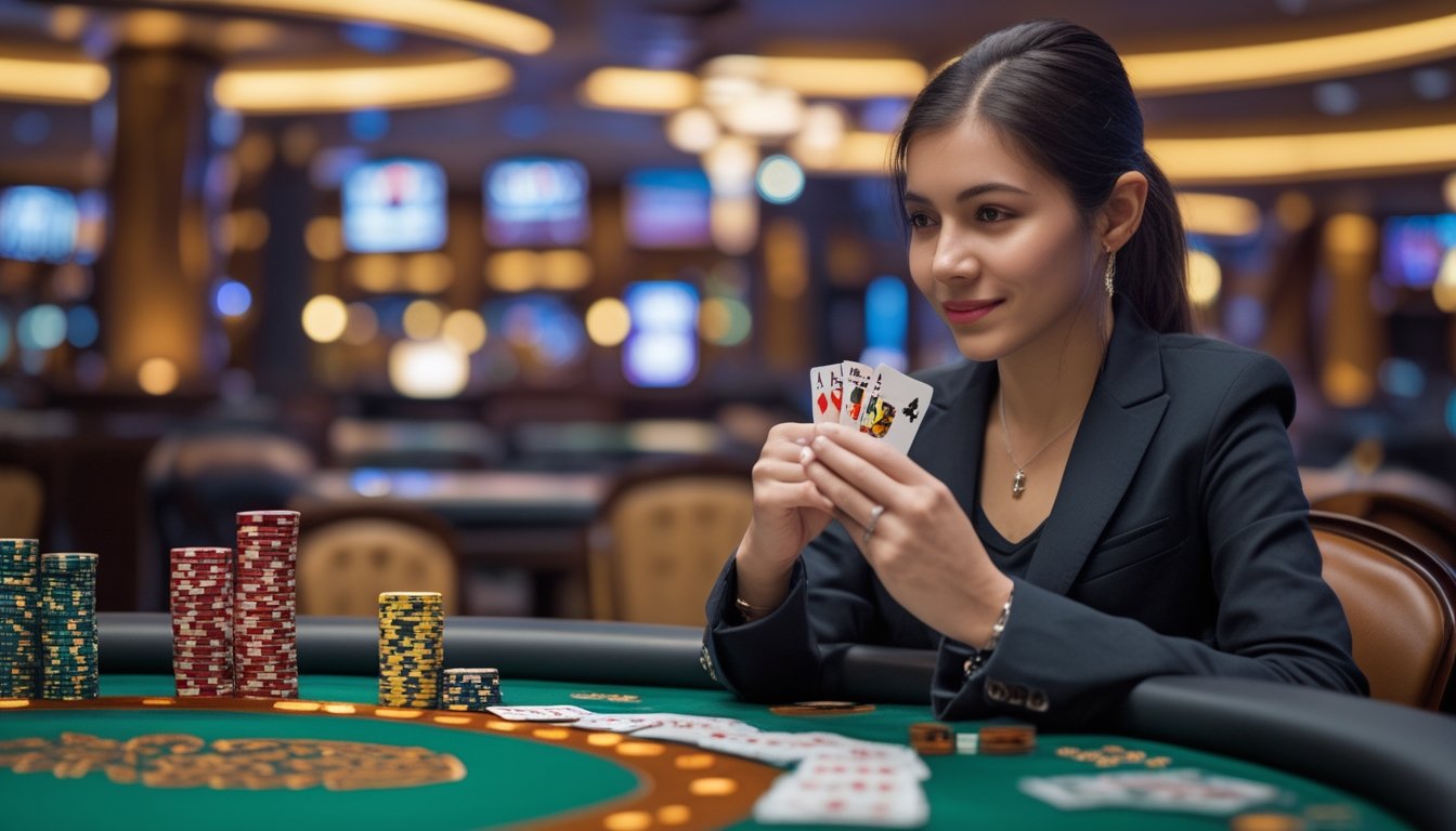 Seorang wanita muda duduk di meja poker dengan kartu dan tumpukan chip, terlihat fokus dan percaya diri di dalam kasino.