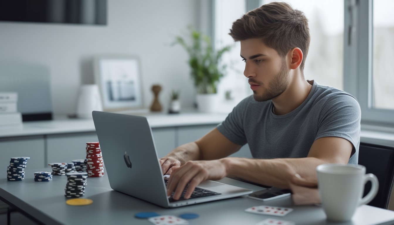 Seorang pria muda fokus bermain poker online di laptop dengan tumpukan chip dan kartu di meja, di ruang kerja modern yang terang.