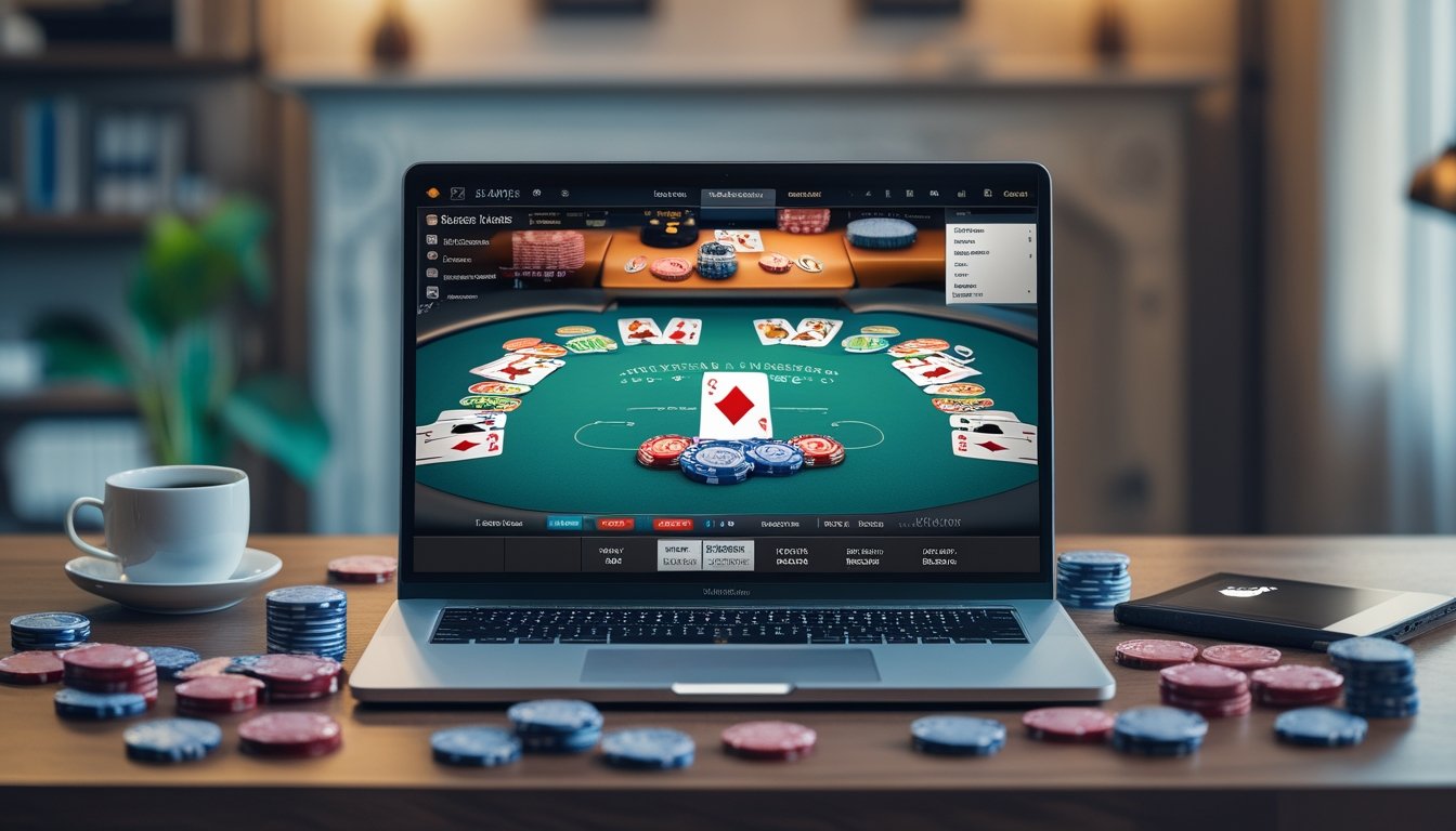 Meja kerja dengan laptop menampilkan permainan poker online, tumpukan chip poker, ponsel, dan secangkir kopi di sekitarnya.