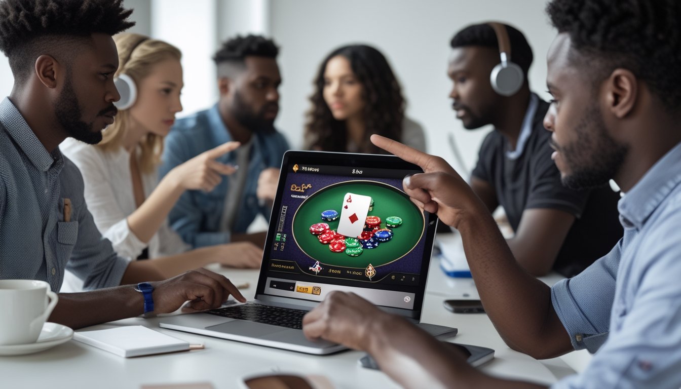 Sekelompok orang sedang bermain poker online dengan laptop dan chip poker di meja, tampak serius dan fokus.