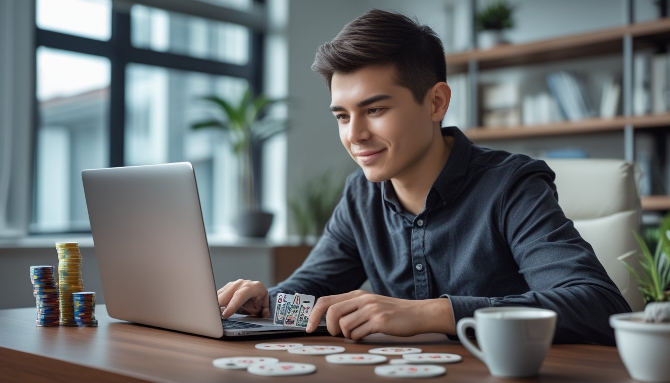 Seorang pria muda fokus bermain poker online di laptop dengan tumpukan chip poker di meja.