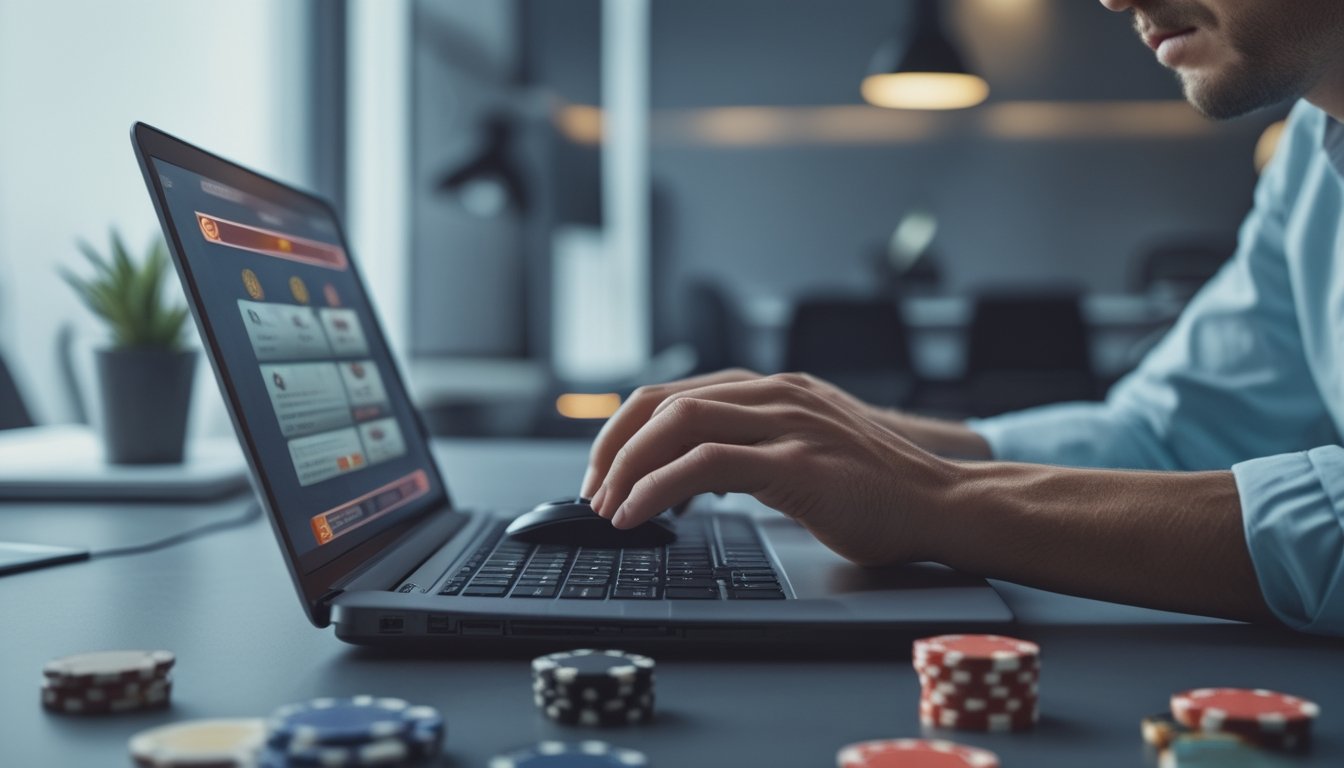Seorang individu fokus bermain poker online di depan laptop dengan tumpukan chip dan kartu poker di meja.