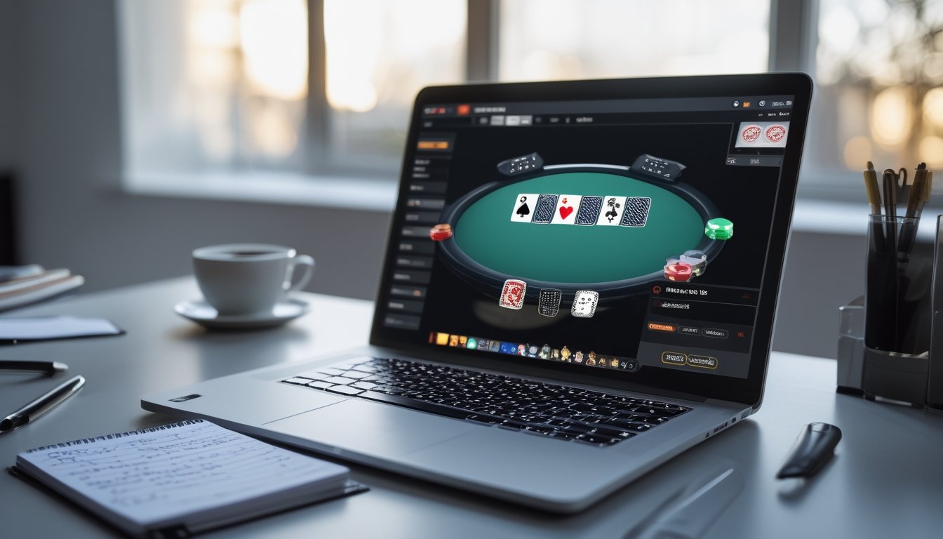 Seorang pemain poker online sedang belajar trik dengan laptop, kartu poker, dan catatan di meja kerja.